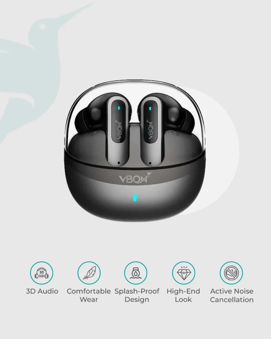 VBON Pulse X ANC wireless earbuds black with transparent charging case